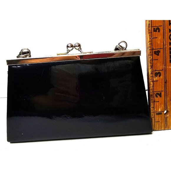 Vintage Black Patent Clutch Purse Gold Frame Kiss Lock - Picture 6 of 10